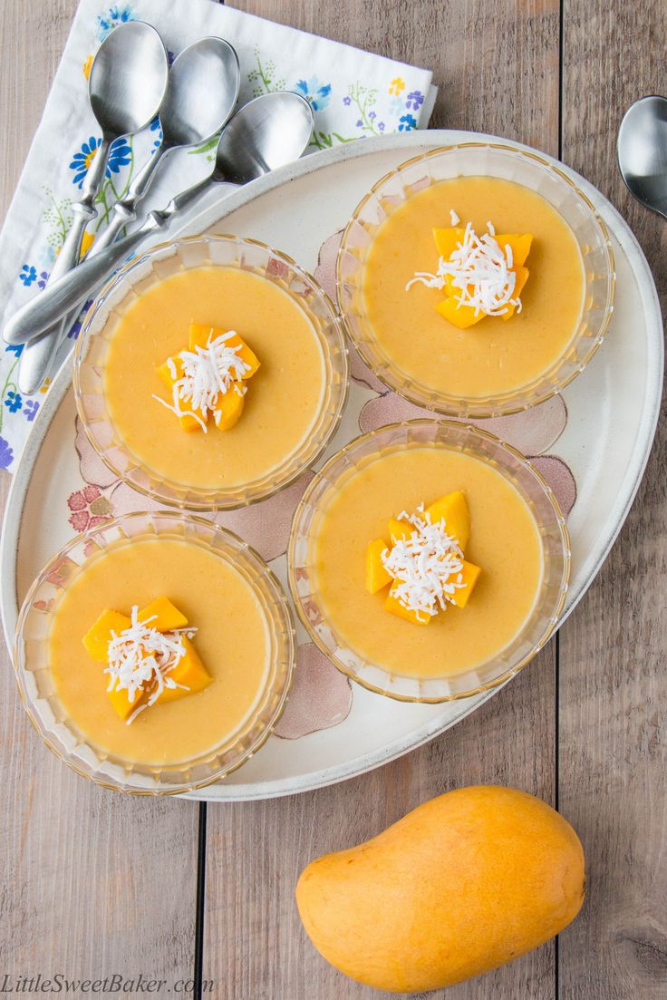 mango pudding on a plate with spoons next to it and the title how to make mango pudding