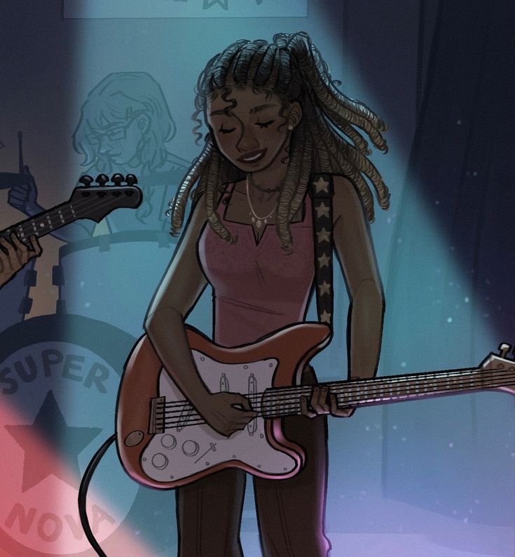 a woman with dreadlocks plays an electric guitar in front of a microphone and another drawing behind her