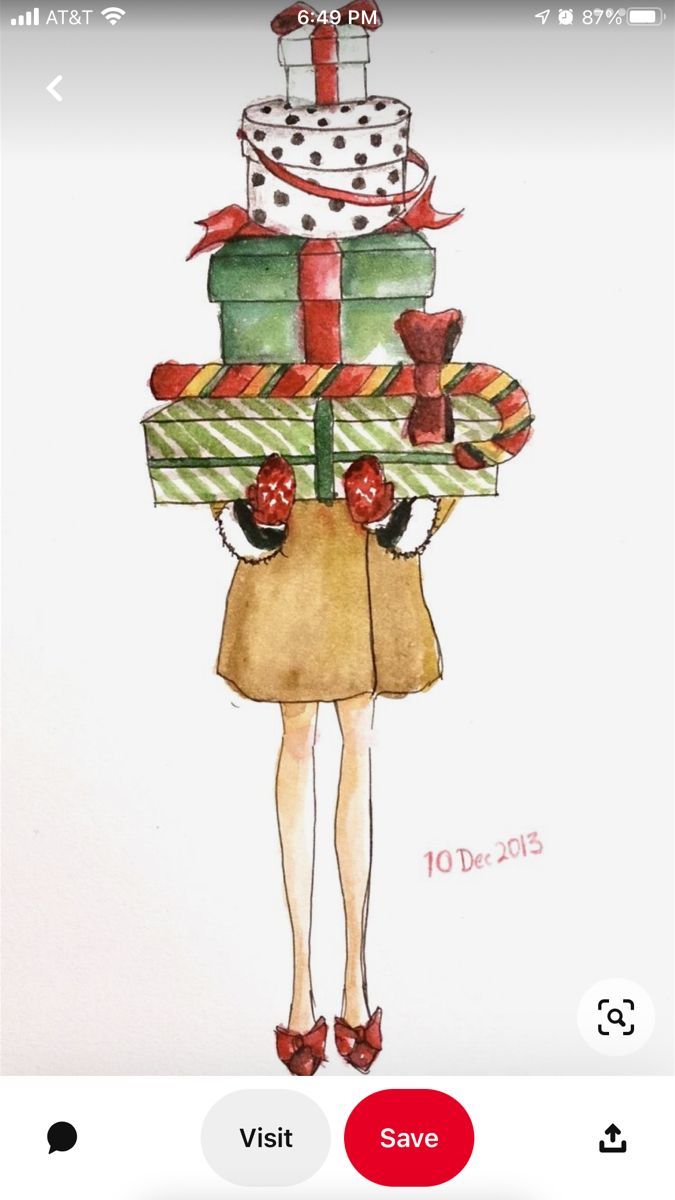 a watercolor drawing of a woman carrying presents on her shoulders and wearing high heels