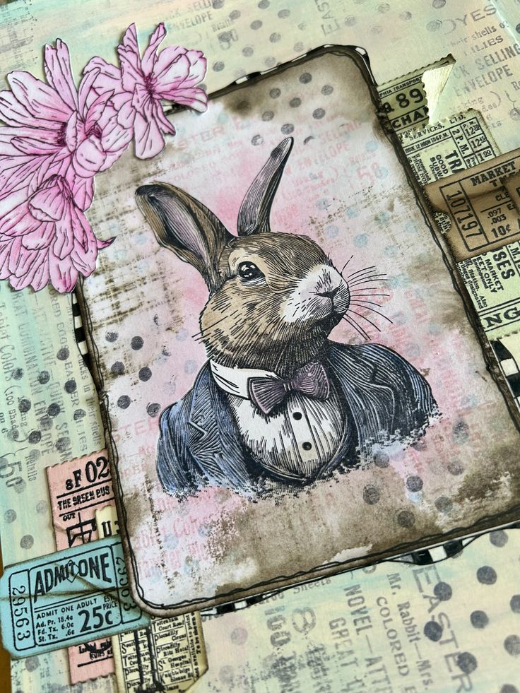 altered photograph of a rabbit wearing a tuxedo with pink flowers in the background