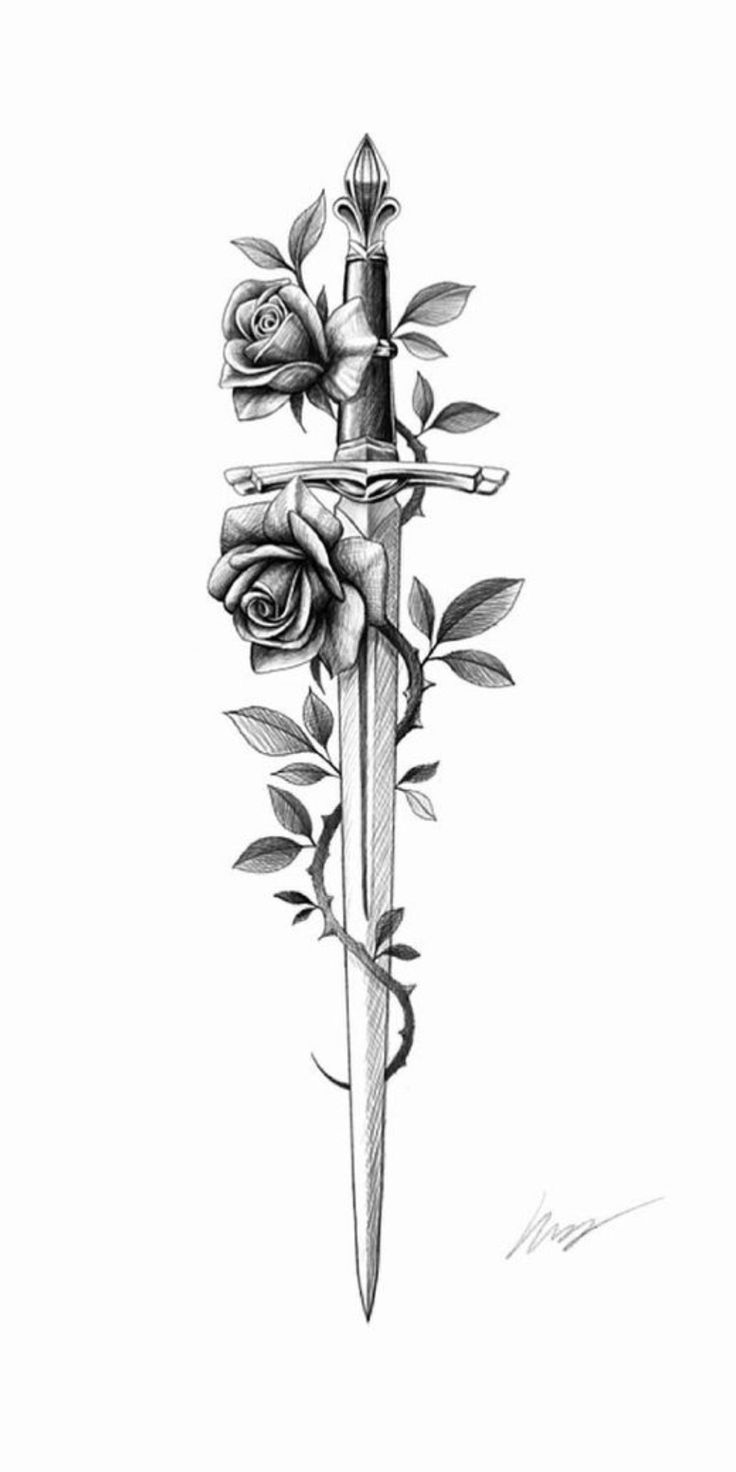 a drawing of a dagger with roses on it and two roses attached to the blade