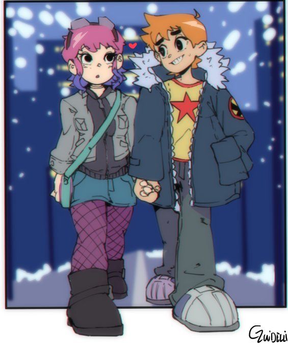 two people standing next to each other in front of a night sky with snow flakes