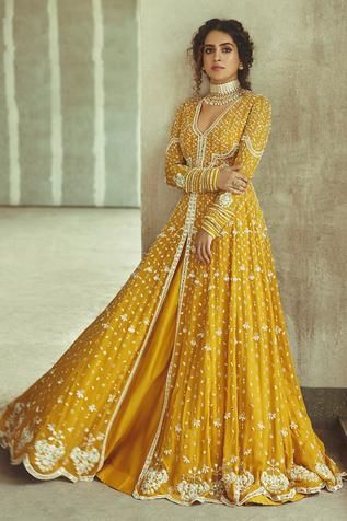 Golden yellow anarkali with floral embroidered motifs and mirror work detail. Paired with dupatta.
Component: 2
Embroidered
Neckine: V neck
Sleeve Length: Full
Fabric:  Georgette, Net
Color: Yellow
Floral motif work
Back cutout - Aza Fashions Yellow Anarkali, Anarkali Designs, Anarkali With Dupatta, Ridhi Mehra, Sanya Malhotra, Embroidered Anarkali, Sanya, Anarkali Dress, Frock Design