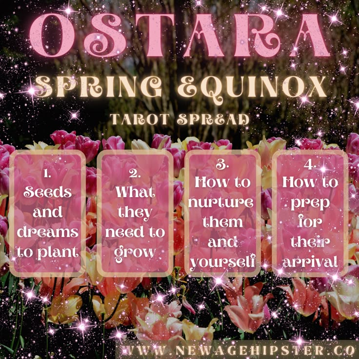 an advertisement with pink flowers and stars on it for the spring equinox tarot spread