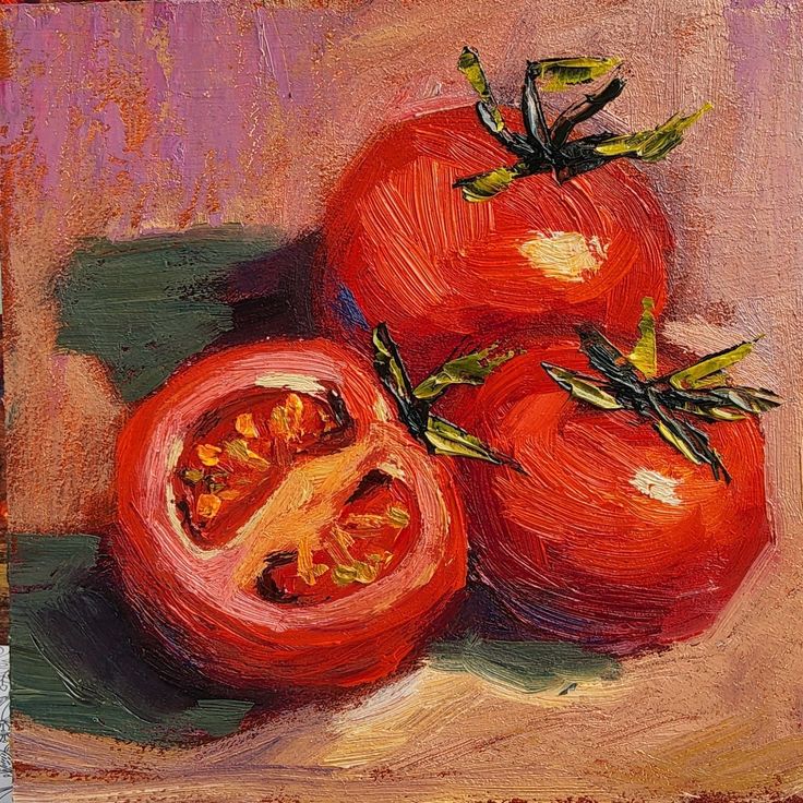 a painting of tomatoes on a table with one cut in half and the other whole