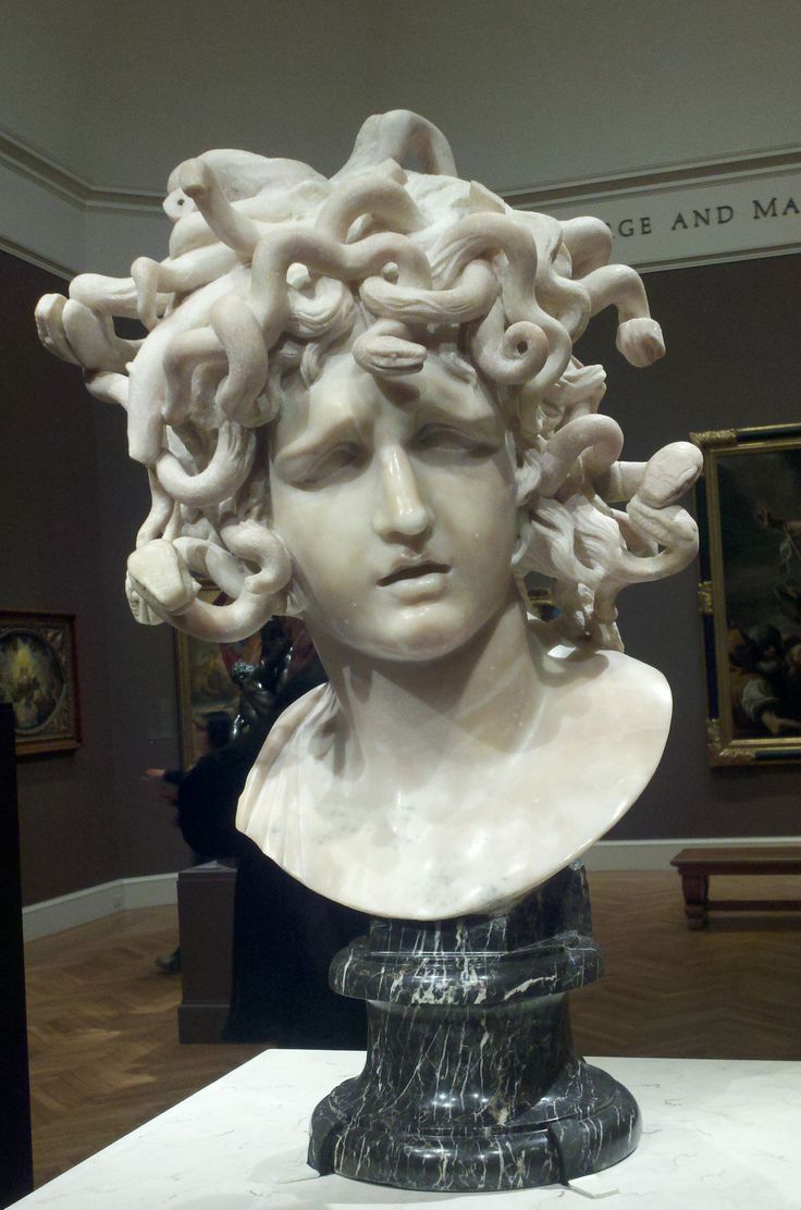 a white marble busturine with curly hair on display in a museum exhibit space