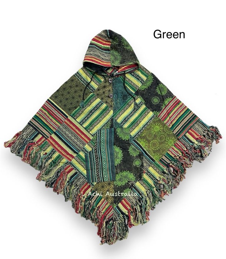 Cotton Patch Ponchos have been a stable part of festival life for many years. They offer great warmth, are very comfortable. Short Brushed cotton poncho featuring front pocket, hood, one wooden button and Handmade in Nepal 🇳🇵    Features:- Free size Front pocket  Easy to wear  100% cotton made in Nepal  Hand wash only  Measurement (Approx) Chest - 104cm Length- 80cm (long) Feedback: If for any reason you are not satisfied with your purchase please contact me before leaving negative or neutral Casual Hooded Poncho For Festival, Green Hooded Poncho For Winter, Green Hooded Winter Poncho, Winter Green Hooded Poncho, Casual Cotton Hooded Poncho, Casual Hooded Cotton Poncho, Traditional Cotton Poncho For Fall, Casual Winter Cape For Festivals, Casual Winter Festival Cape