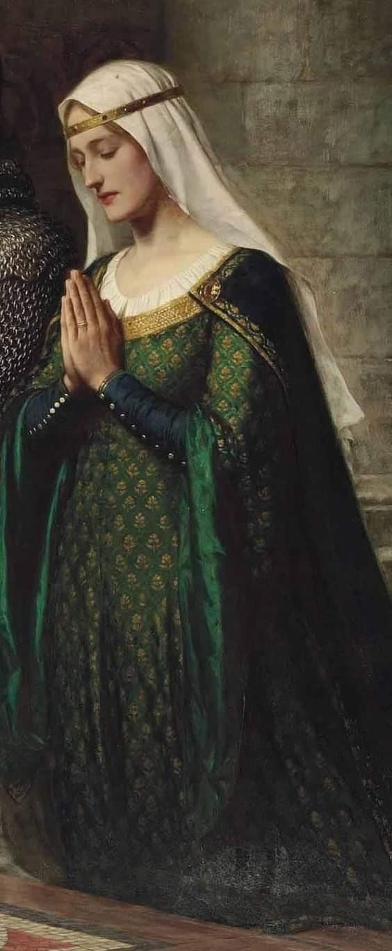 a painting of a woman wearing a green dress and holding her hands to her chest