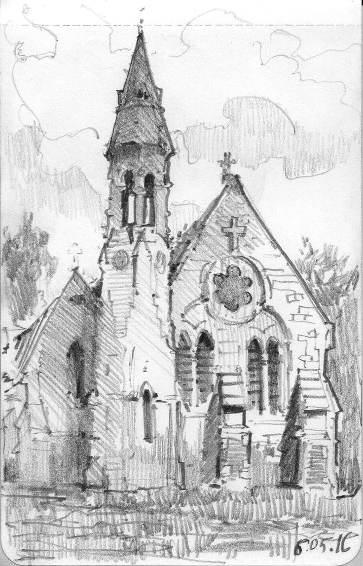 a pencil drawing of an old church