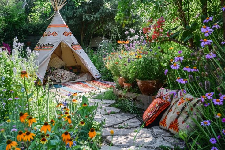 a teepee surrounded by flowers and plants