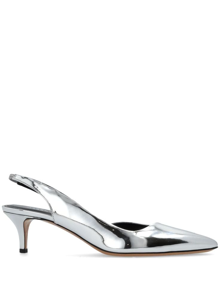 silver-tone leather metallic effect pointed toe branded leather insole kitten heel leather sole elasticated slingback strap slip-on style Silver Pumps, Loafer Mules, Iconic Bags, Fine Watches, Summer Beach Wear, Flat Boots, Ballet Flat Shoes, Pump Sandals, Kitten Heel