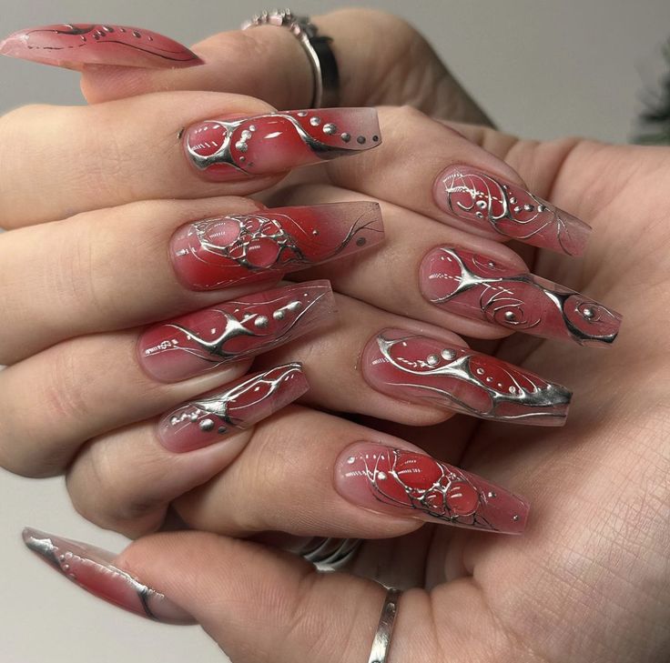 Red Ethereal Nails, Red Cyberpunk Nails, Pink Cyberpunk Nails, Aespa Nails Designs, Sigil Nails, Cybersigilism Nails, Cybergoth Nails, Cyberpunk Nails, Red And Silver Nails