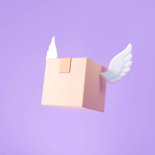 an image of a box with wings coming out of it on a purple background in the air