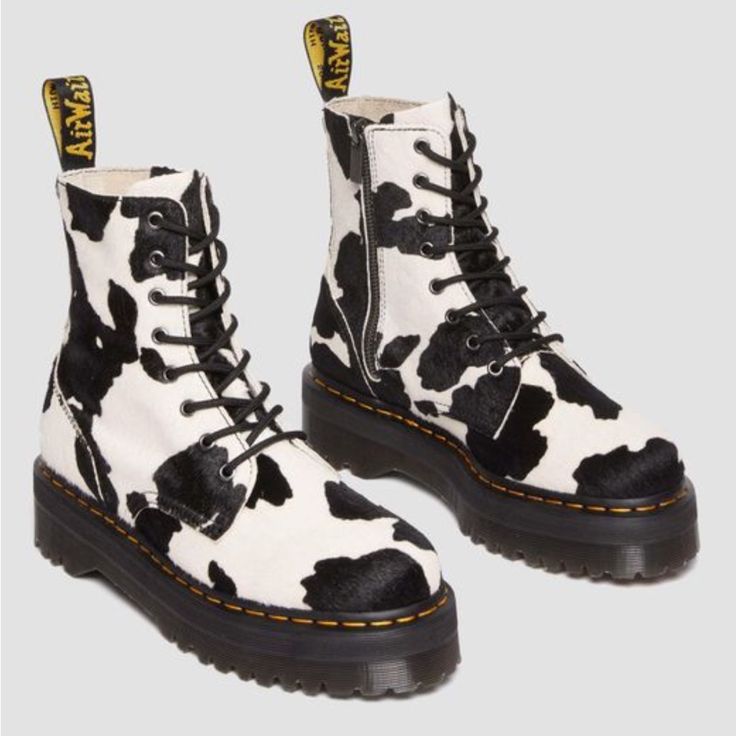 Dr Martens Jadon Cow Print Hair On Boots Size 10 (Ladies) 9 (Men). Heel Height: 1 3/4” Condition: New With Tags Fabric: Calf Hair, Leather, Rubber L13-023 Cow Print Doc Martens, 2976 Platform Chelsea Boots, Cow Print Boots, Ankle Combat Boots, Dr Martens Jadon, Black Moto Boots, Shoes Dr Martens, Dr Martens Womens, Platform Chelsea Boots