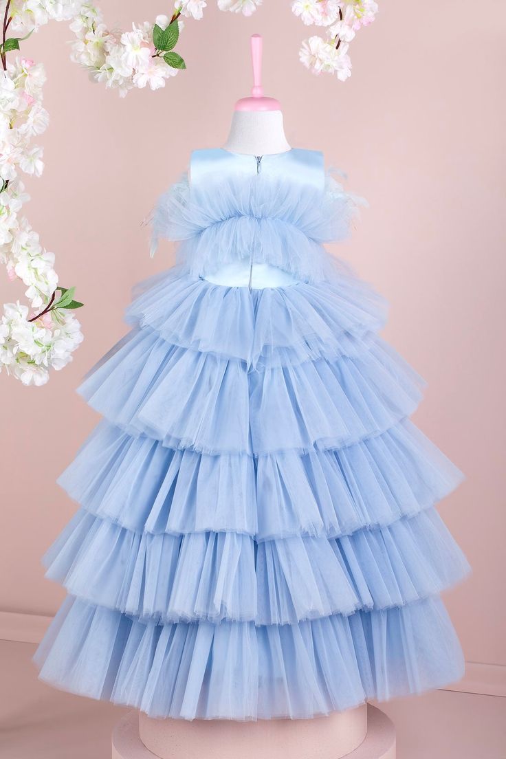 Sleeveless Blue Tutu Dress For Dress-up, Fitted Tulle Sleeveless Dress For Dress-up, Summer Princess Sleeveless Ball Gown, Summer Sleeveless Princess Ball Gown, Tulle Dress With Ruffles For Dress-up, Spring Tulle Gown With Ruffles, Blue Tulle Dress For Party, Light Blue Ruffled Ball Gown, Light Blue Ruffled Ball Gown Dress