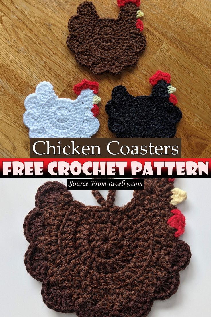 crocheted chicken coasters with free pattern