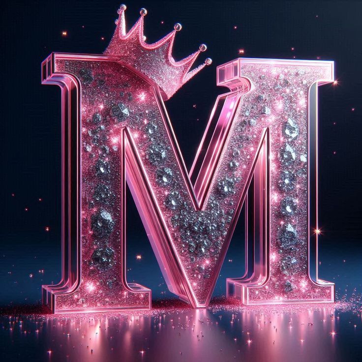 the letter m is made up of sparkling pink and blue glitters with a crown on top