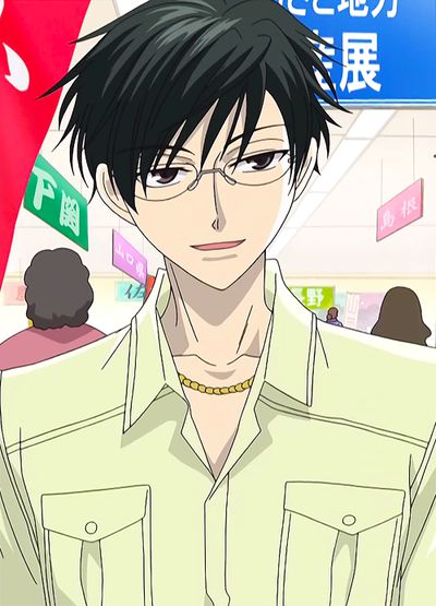 an anime character with black hair and glasses standing in front of a sign that says