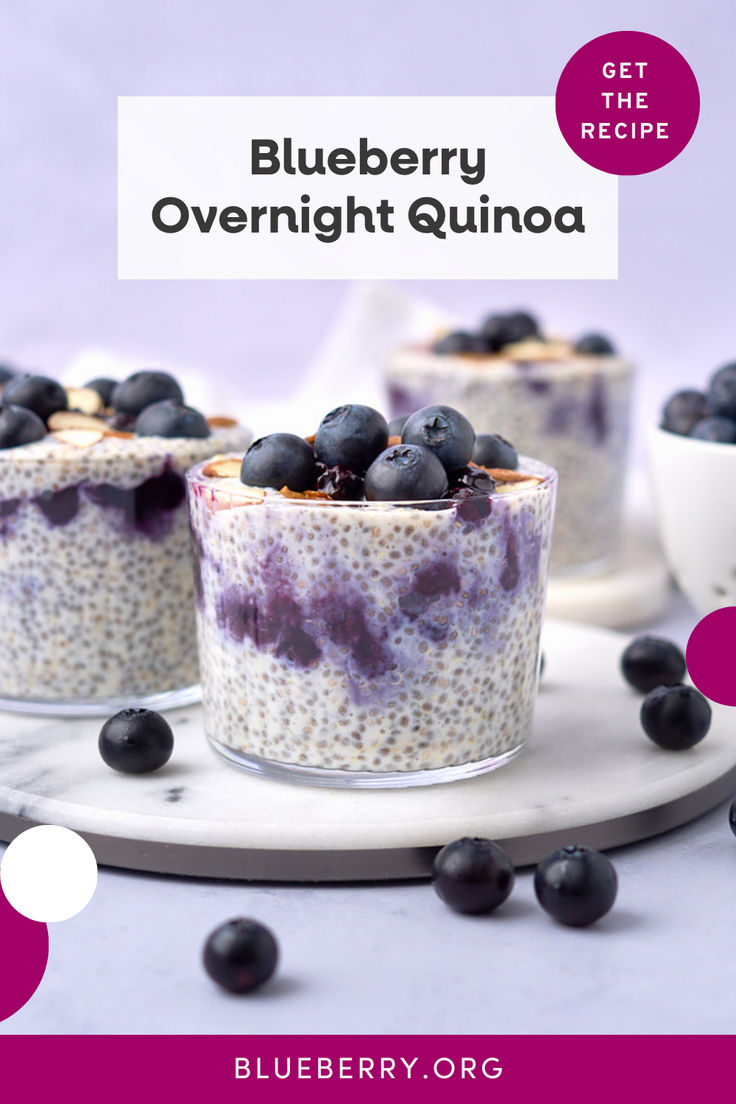 blueberry overnight quinoa in small glass cups on a plate with berries around it