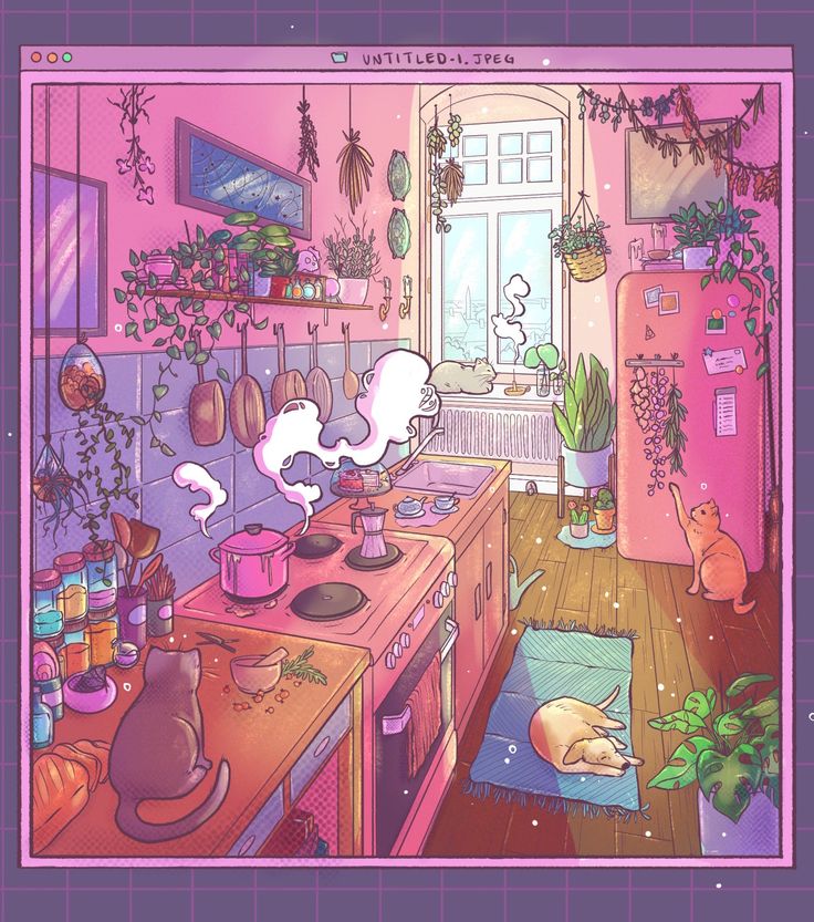 an image of a kitchen scene with cats