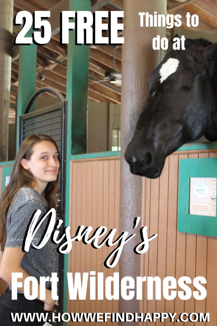 a woman standing next to a black horse in a barn with the words 25 free things to do at disney's fort wilderness