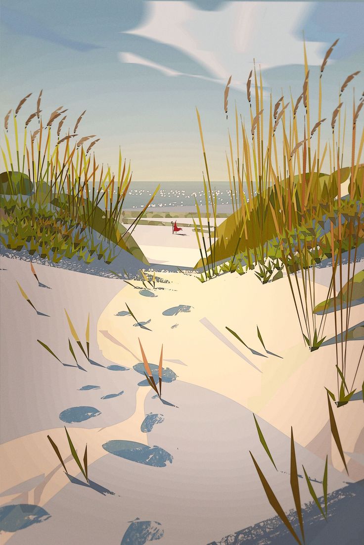 a painting of grass and sand at the beach