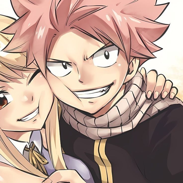 two anime characters one with pink hair and the other blonde holding his hand on his shoulder