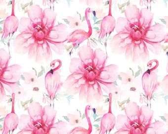 pink flamingos and flowers on a white background