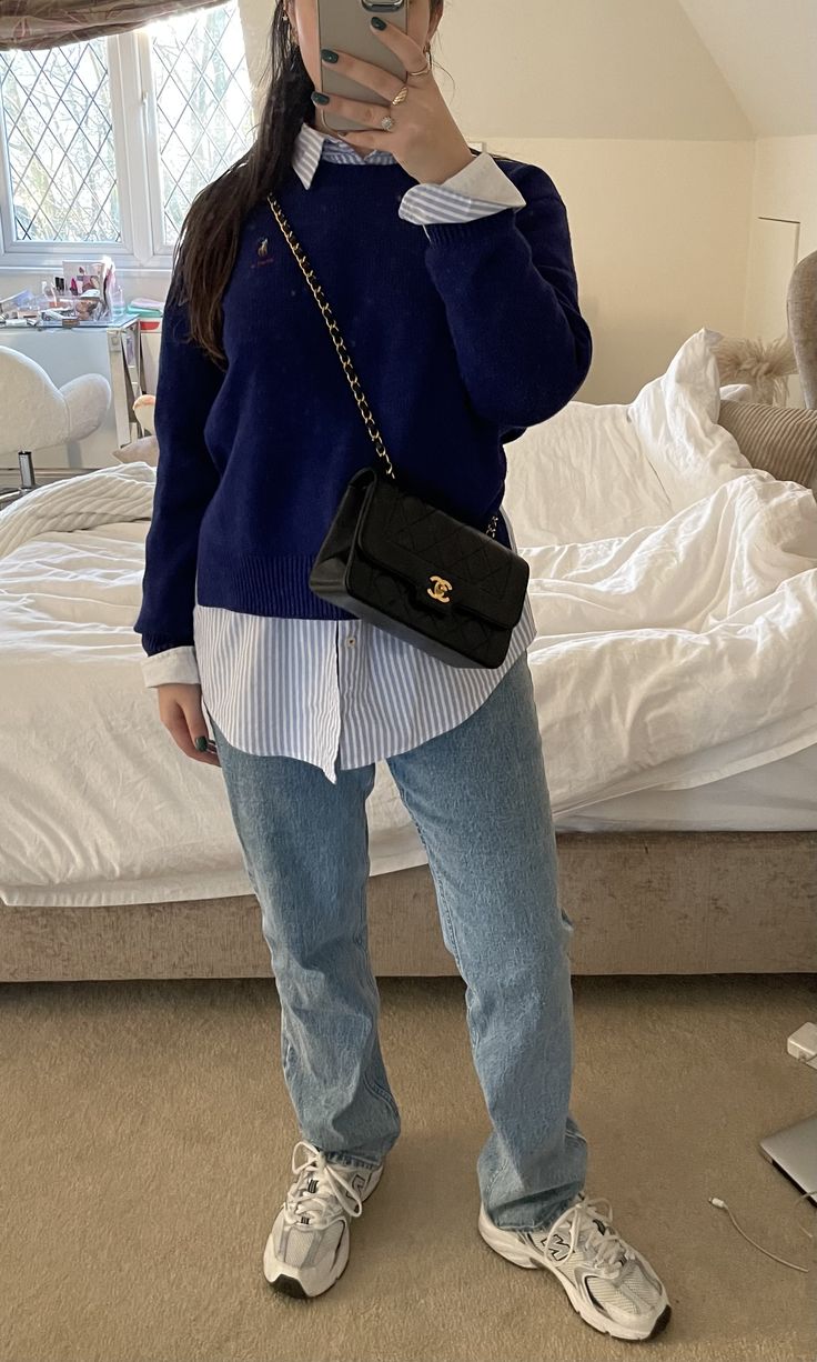 Jumper Shirt Outfit Women, Shirt Jumper Outfit, Shirt And Jumper Outfit, Jumper And Shirt Outfit, Navy Jumper Outfit, Navy Blue Sweater Outfit, Denim Jumper Outfit, Blue Sweater Outfit, Navy Jumper