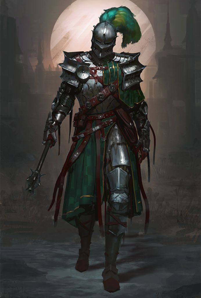 a knight with green hair is walking in front of a full moon and wearing armor