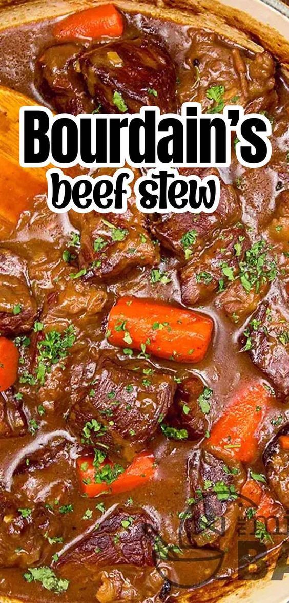 beef stew with carrots and parsley in a pot on the stove top text reads bourdan's beef stew