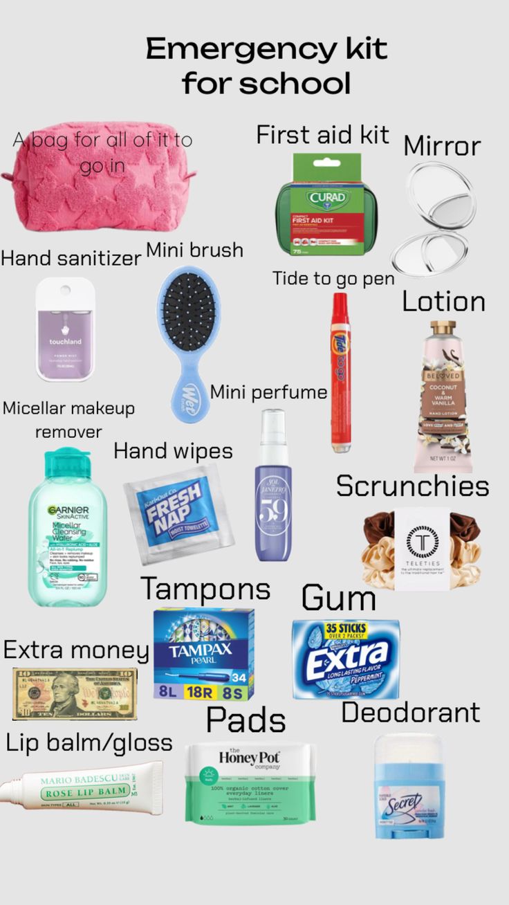 Emergency kit idea for school tell me if I forgot something #school #emergencykit #whattopack #yourdoinggreat❤️ 8th Grade Tips, Kit For School, 7th Grade Tips, Emergency Kit For Girls, Idea For School, Middle School Essentials, School Emergency Kit, School Backpack Essentials, Preppy School Supplies