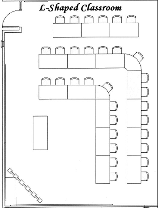 a drawing of a classroom with tables and chairs