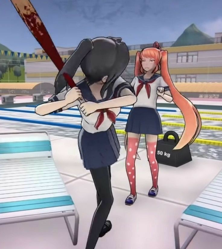 two anime characters are holding baseball bats in front of a bench and another person is standing behind them