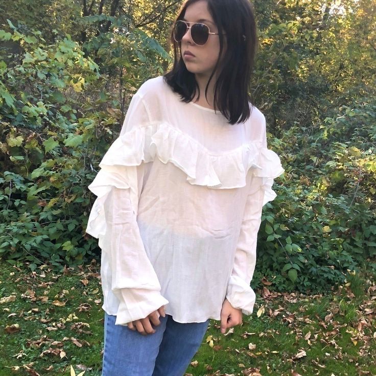 Understated Flair, This Nwt White Ruffled Blouse Is Cute And Will Get You Ready For Fall! Long Sleeves Work Well With The Ruffle Detail. Daytime Cotton Blouse With Ruffles, Chic Ruffled Tops For Daytime, White Ruffled Blouse For Daytime, Long Sleeve Tops For Daytime In Fall, Casual Tops For Daytime In Fall, Casual Fall Tops For Daytime, Casual Fall Daytime Tops, Trendy White Daytime Blouse, Feminine Ruffled Blouse For Daytime