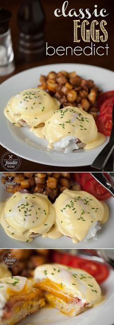 three different views of eggs benedict on a white plate with tomatoes and mushrooms in the background