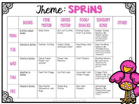 a pink and white calendar with words that read,'theme spring'on it