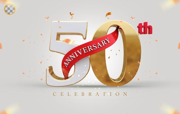 the 50th anniversary celebration logo is shown with gold and red ribbons, confetti and streamers