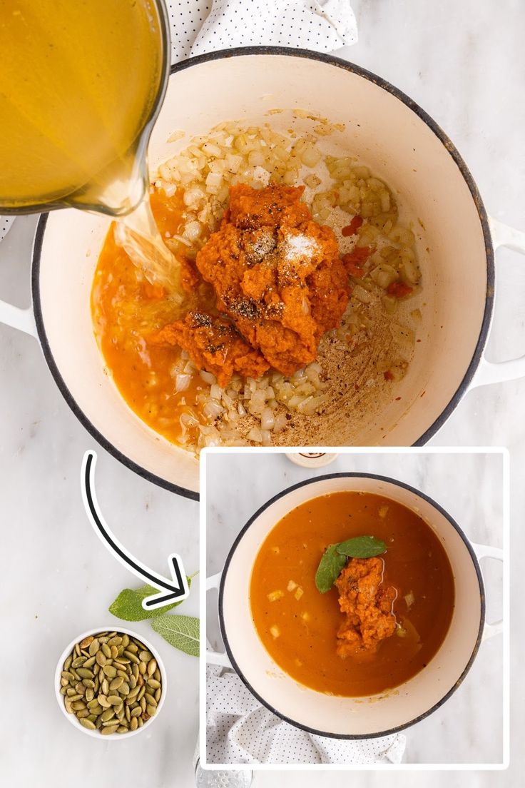 two bowls filled with food next to a pitcher of orange juice and a bowl of brown rice