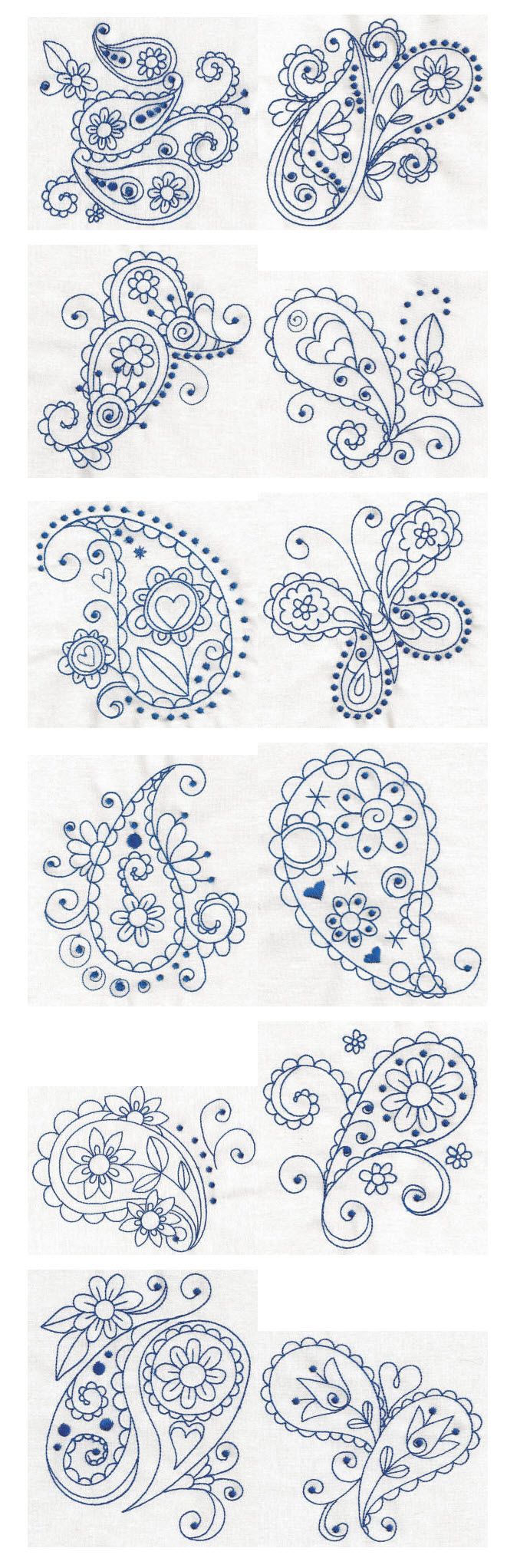 several images of different shapes and sizes of flowers in blue ink on white paper, each with