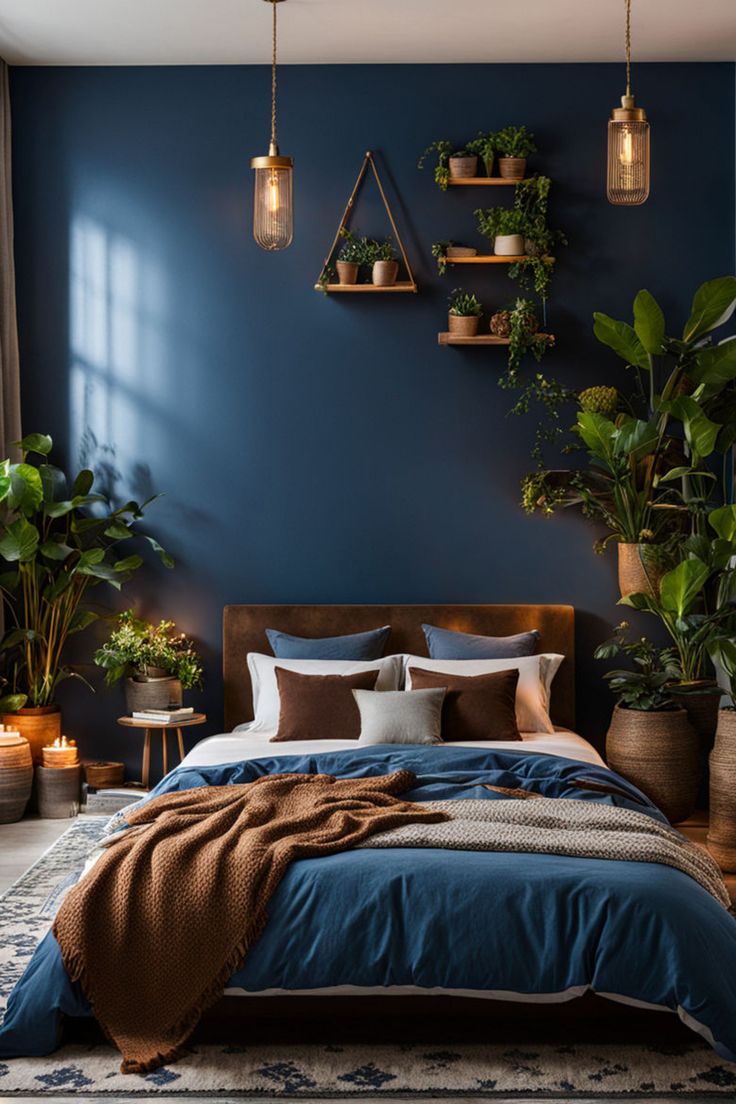 a bedroom with blue walls and plants on the wall, bedding is made up