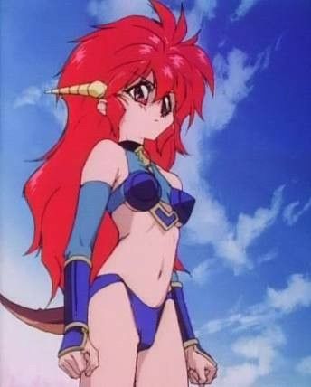 an anime character with long red hair and blue outfit standing in front of the sky