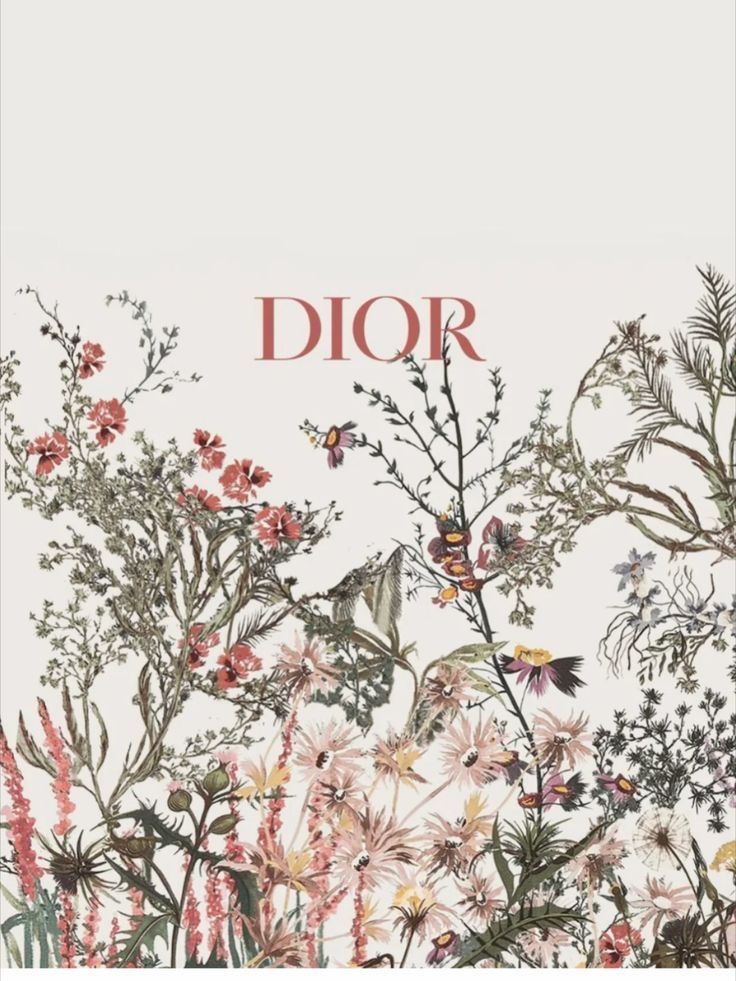 the front cover of dior magazine with flowers and plants in red, white, and green