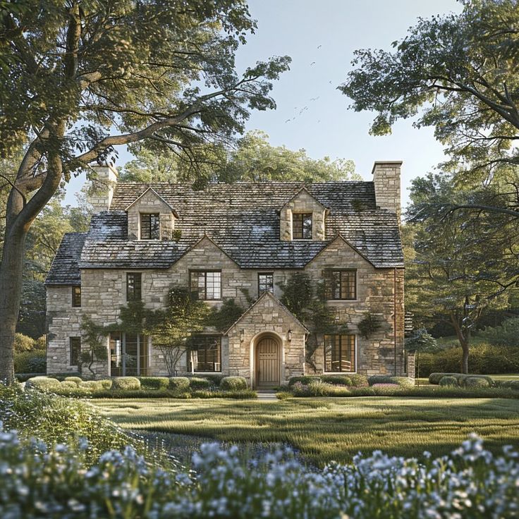 this is an artist's rendering of a stone house in the country side yard