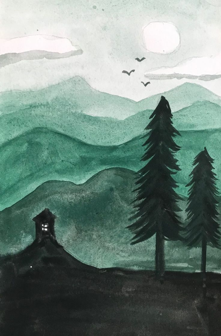 a painting of trees and mountains with birds flying in the sky over them at night