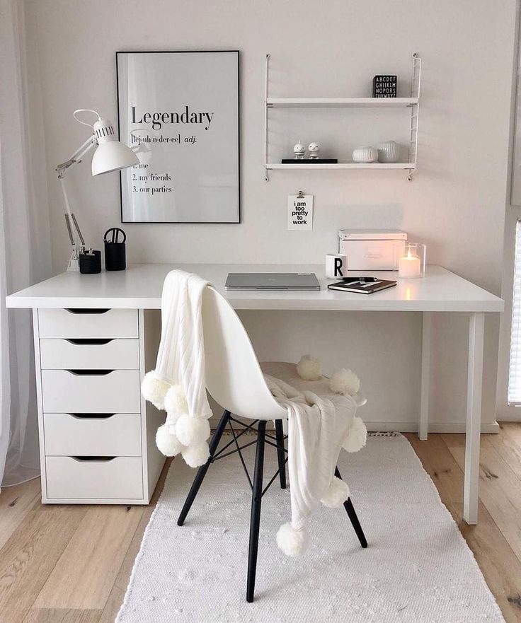 a white desk and chair in a room