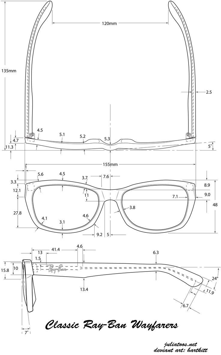 a drawing of the glasses with measurements for each lens and side view, as shown in this