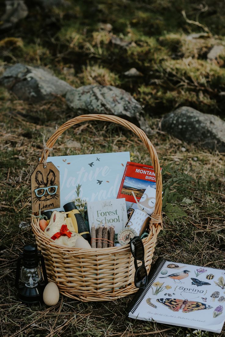 a wicker basket filled with books sitting on top of a grass covered field next to rocks