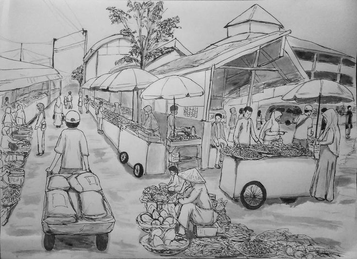 a drawing of people shopping at an outdoor market