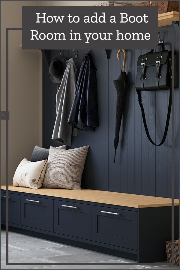 an entryway with coat racks and benches in front of it, text reads how to add a boot room in your home